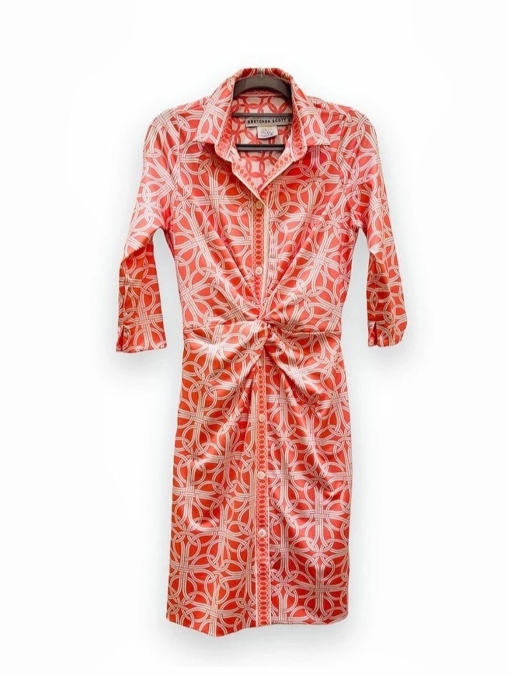Gretchen Scott Twist & Shout Dress Geometric Midi Coral & White XS
